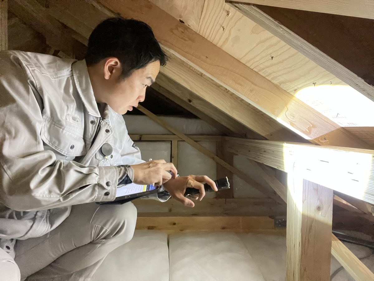 小屋裏に入り、ライトを当てて構造を点検する一級建築士